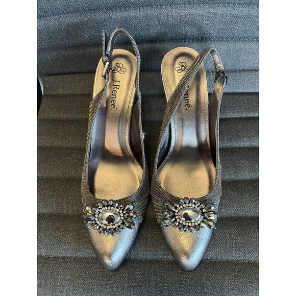 J.Renee Shoes - J RENEE Melody Silver Slingback Pointed Toe Pump W/beaded Embellishment 10 1/2 W